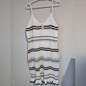 Madden NYC Striped Crochet Knit Midi Dress With Ruffle Adjustable Straps,Neutral